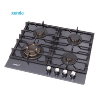 Cuisinière à gaz encastrable Xunda haute efficacité à 4 brûleurs, plaque de cuisson en verre trempé, brûleurs en laiton, 4 têtes, vente en gros