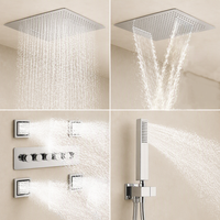 Ensemble de douche thermostatique encastré carré avec pommeau de pluie cascade, douchette à main et jets latéraux en laiton chromé pour projets hôteliers