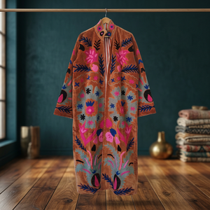 <b>Women</b> Hand <b>Embroidered</b> Suzani Velvet Coat Brown Floral Paisley Motif Long Duster <b>Jacket</b> Open Front Kimono Robe Boho Winter - Product Image 5