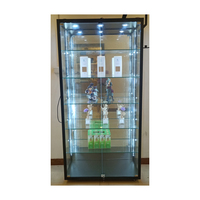Vitrine d'exposition antique mobile en alliage de titane noir, entièrement vitrée, avec porte transparente et bande LED, pour bijoux et articles de magasinage