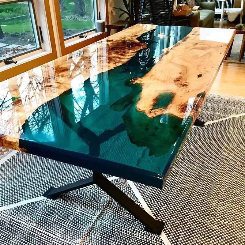 Epoxyhars Rivier Tafel Top Moderne Console Tafel Rechthoekige Aanpasbare Grootte Patroon Kantoor Tafel En Stoel Set