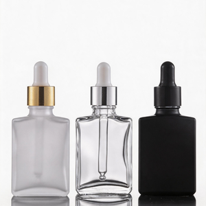 Oferta Especial: Botella de Vidrio Cuadrada Plana Transparente Esmerilada Negra Recargable con Gotero, Impresión Serigrafiada, para Aceites Esenciales, Perfumes y Cuidado de la Piel - Product Image 1