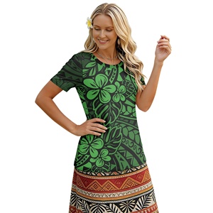 Blusas de Manga Corta con Estampado Tribal Polinesio Verde para Mujer, Camisetas Casuales con Cuello Redondo, Camisetas Básicas Suaves, Blusas de Trabajo, Camisas Elegantes - Product Image 1