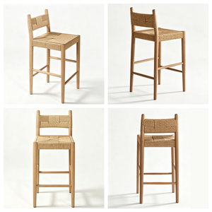 Sgabello da Bar Wabi-Sabi Japandi in Rovere Naturale con Seduta in Corda di Carta Intrecciata a Mano, Stile Organico Moderno, Schienale Basso in Legno Massello e Seduta in Paglia Intrecciata - Product Image 3
