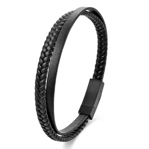 Gelang kulit Pasangan Pria, perhiasan grosir baru gelang tali kulit baja nirkarat - Product Image 1