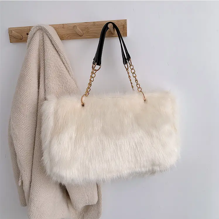 Stilvolle Weibliche Plain Winter Weiß Faux <span class=keywords><strong>Fell</strong></span> Tote Tasche Frauen Große Kapazität Handtaschen