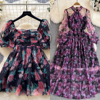 Collection Printemps-Été 2026 : Robe de plage personnalisée à manches bouffantes en spandex, longueur genou, taille élastique, coupe trapèze, motif dessiné à la main
