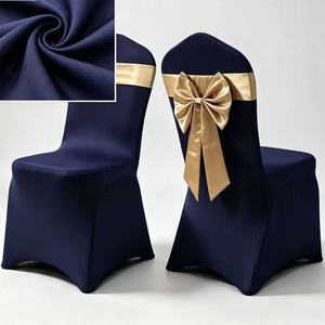 Navy Blue Elastic <strong>Spandex</strong> <strong>Chair</strong> <strong>Cover</strong> With Removable Gold Bow Sash Stretch Slipcover for Wedding Banquet Hotel Party Decoration - Product Image 4