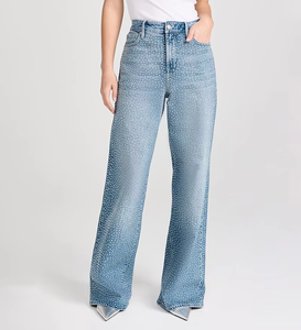 Custom Wide Leg Jeans Baggy Washed Super Low-<b>stretch</b> Denim <b>Men</b> Women Rhinestone Jeans - Product Image 1