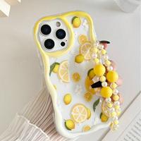 Coque de téléphone portable motif citron estival avec chaîne pour iPhone 16 15 17 18 Pro Max, motif crème, coque arrière