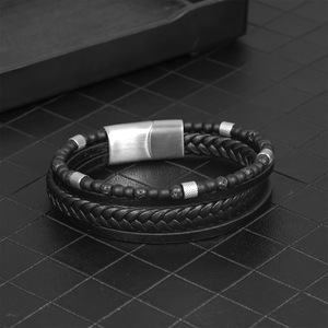 Pulsera de Cuero Trenzado Minimalista <span class=keywords><strong>para</strong></span> Hombre, <span class=keywords><strong>Cuentas</strong></span> de Piedra Volcánica Natural, Cierre Magnético de Acero Inoxidable, Joyería de Moda al por Mayor - Product Image 3