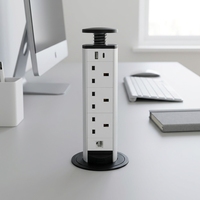 Regleta de escritorio de aluminio A-4H con montaje de pasacables, 3 tomas de CA tipo UK + carga USB-A y Tipo-C + CAT6, negra, para oficina