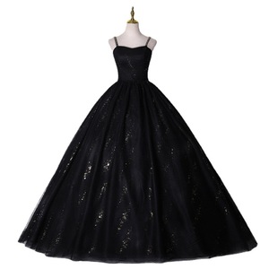 Black Ball Gown Evening Dress Sweetheart Neckline Straps Glitter Organza Fabric For Banquets Stage Performances - Product Image 5