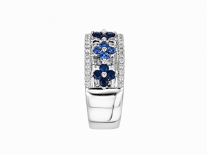 Anillo de banda ancha con pavé de diamantes y zafiros florales en oro blanco de 18 quilates, joyería de lujo para mujer - Product Image 2