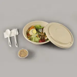 40 oz No PFAS Added Natural Bagasse Bowl Biodegradable Pulp Round Bowl With Pulp Flat Lid