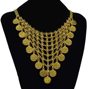 ODM Colliers Tendance Bohemian Flower Ethnic Turkish Gypsy Bib Coin Tassel Statement Gold Egyptian Necklace