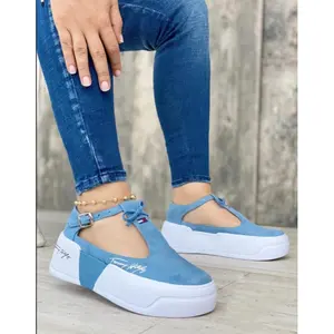 Wholesale Fashion Canvas Black Blue Red Pink Shoes Spring Summer Ankle Strap Thick Bottom Plus Size Women Casual Sneaker Shoes