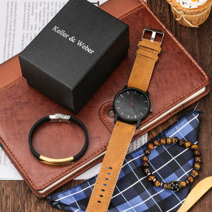 メンズシンプルファッションカジュアルレザーバンドクォーツ腕時計＋クラウンタイガーアイストーンブレスレット＋チタンブレスレットギフトウォッチセット - Product Image 3