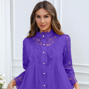 Camisa de Encaje Sólida Informal para Mujer, Primavera/Verano/Otoño 2026, Nuevo Estilo Moderno, Manga Larga, Tejida, Stock Georgia - Product Image 1