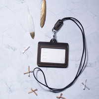 Porte-badge en cuir véritable avec cordon, personnalisable, pour carte d'identité professionnelle, portefeuille avec poche pour étudiants, bus et usage bureautique