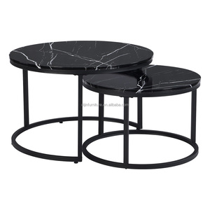 2 PC Meubles de salon ronds en faux marbre <span class=keywords><strong>Table</strong></span> <span class=keywords><strong>basse</strong></span> nid à bas prix avec métal noir/cadre <span class=keywords><strong>Table</strong></span> pour meubles d'intérieur - Product Image 2