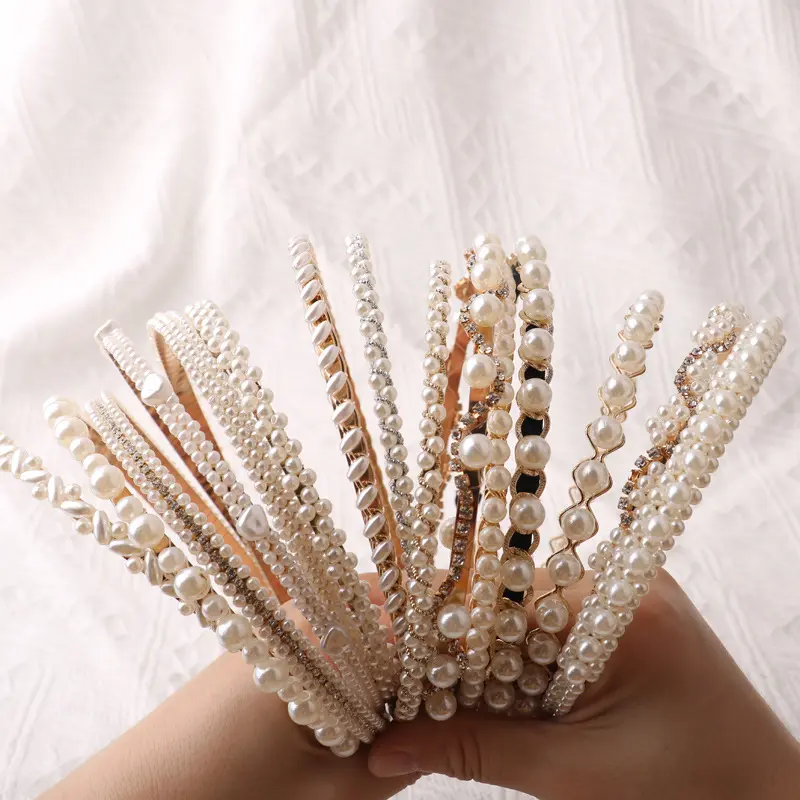 French Style Handmade Pearl Hair Accessories Girls Pearl Headbands Hot Sell Fancy Thin Hairband with Rhinestones Pearls