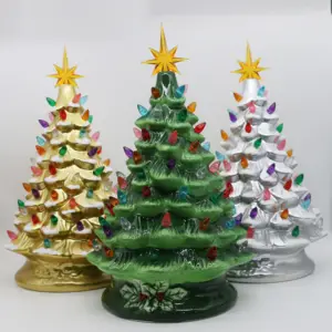 Hiasan meja pohon Natal keramik lukisan tangan dekorasi liburan antik dengan lampu multiwarna