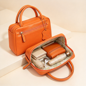 Bright <b>Orange</b> Leather Women <b>Handbag</b> Front Zipper Pocket Pendant Decor Portable Daily Top Handle Bag - Product Image 6