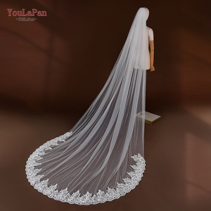 Voile de mariée cathédrale élégante YouLaPan V70 avec longue traîne, voile de mariée monocouche à bordure en dentelle avec peigne à <span class=keywords><strong>cheveux</strong></span> en métal - Product Image 5