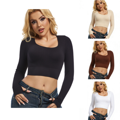 OEM Breathable Seamless Spandex/Nylon Solid Yoga Top with Square Neck Long Sleeves Thumb Holes for Distraction-Free Practice