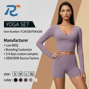 RONGCHAO Womens Breathable Lightweight Long Sleeve V Neck Yoga Set Wrap Crop Top High Waist Biker Shorts 2 Piece Gym Fitness