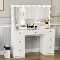 Nouveau design, table de maquillage de luxe avec plateau en verre, table de toilette moderne pour filles, coiffeuse en bois avec plateau en verre trempé et lumière LED