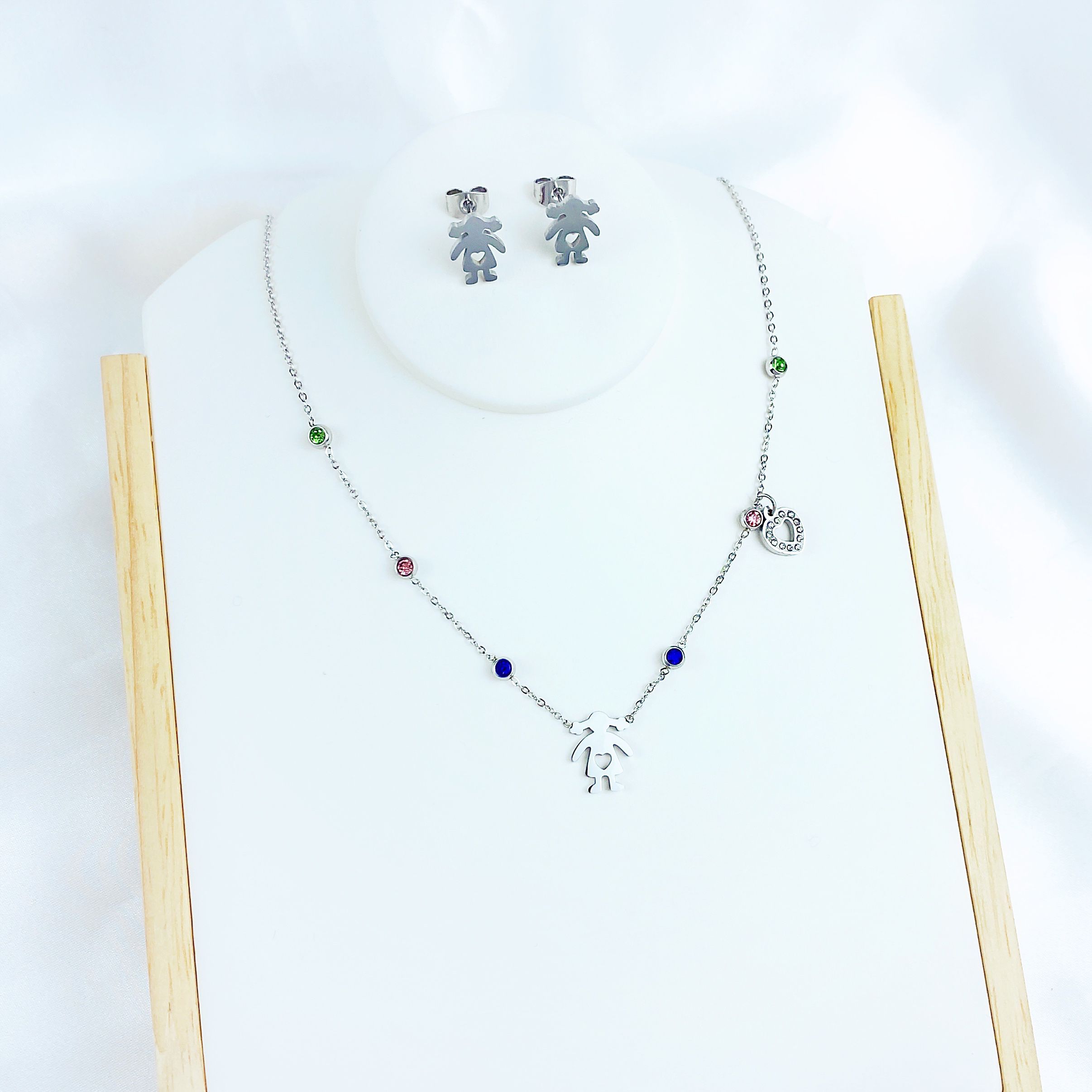 Cadena de oro de moda niños Acero inoxidable feliz niño y niña besos colgante pendientes conjunto de los niños conjunto de joyas