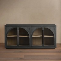 Buffet d'entrée de luxe en chêne américain moderne, meuble TV 4 portes avec verre cintrée, credenza authentique en bois massif