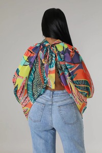 <span class=keywords><strong>Blusa</strong></span> de gasa con estampado Floral y cordones a la moda para mujer, camisa elegante con mangas largas acampanadas, <span class=keywords><strong>blusa</strong></span> para mujer, Tops de Color degradado - Product Image 3