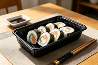 Boîte d'emballage alimentaire en PP noir écologique avec couvercle, impression de logo personnalisable, épaisseur sur mesure, pour viande, sushi, bento, fruits de mer, vente en gros