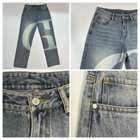 Jean évasé vintage pour homme, coupe ample, taille mi-haute, avec décoration imprimée, design uni, en denim délavé