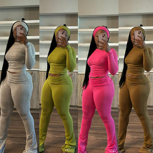 Özel Logo bayanlar egzersiz Flare tayt Vintage dekorasyon XL pamuklu uzun kollu tişört kırpma kısa kıyafetler 2-Piece salonu aşınma setleri - Product Image 1