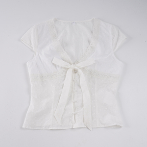 Blusa bohemia rústica de color liso con cuello en V y cordones para mujer - Product Image 2