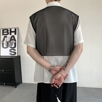 Chemise décontractée pour homme à col montant style chinois, manches courtes, blocs de couleur, avec boutons grenouille, respirante, en tissu transparent et empiècements