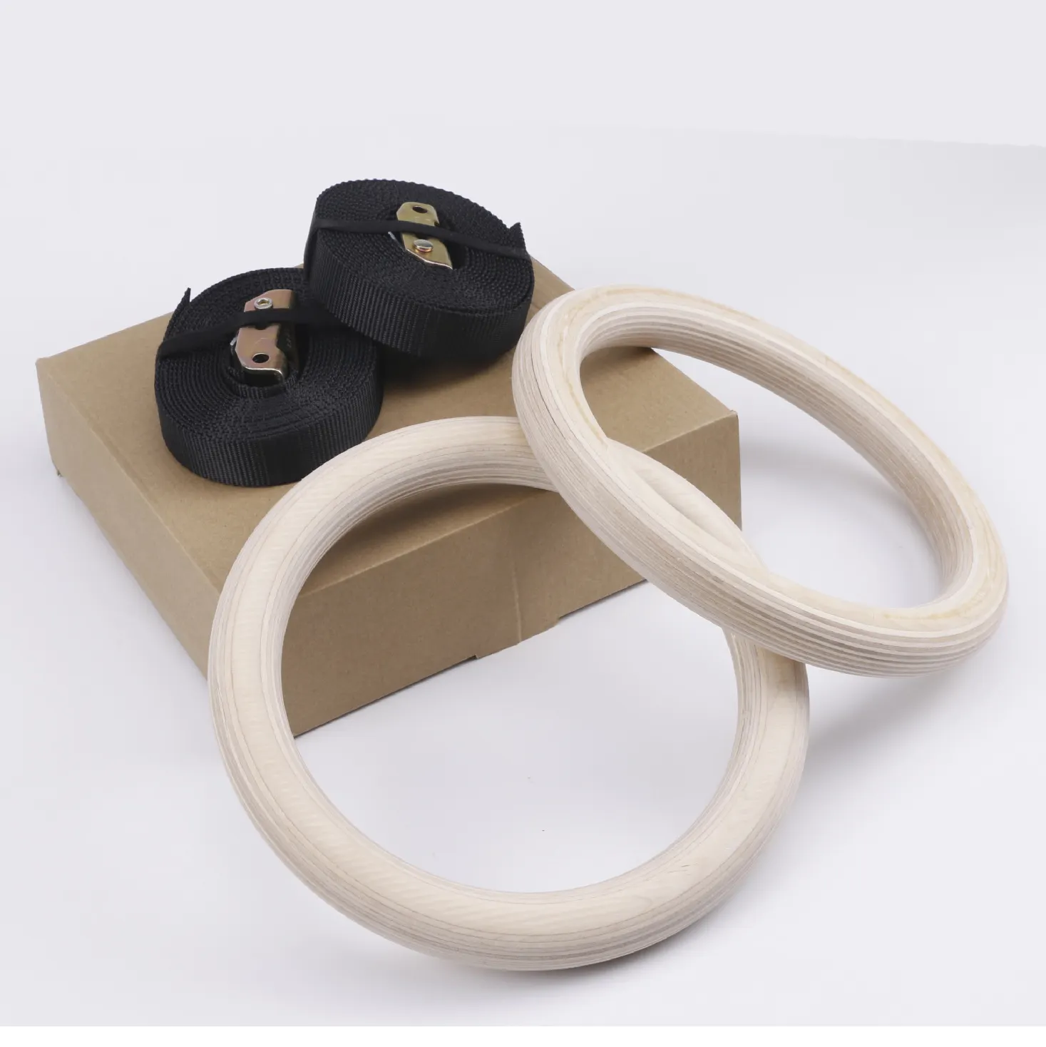 Diskon besar cincin Gym tali nilon dapat disesuaikan latihan kekuatan inti cincin senam kayu