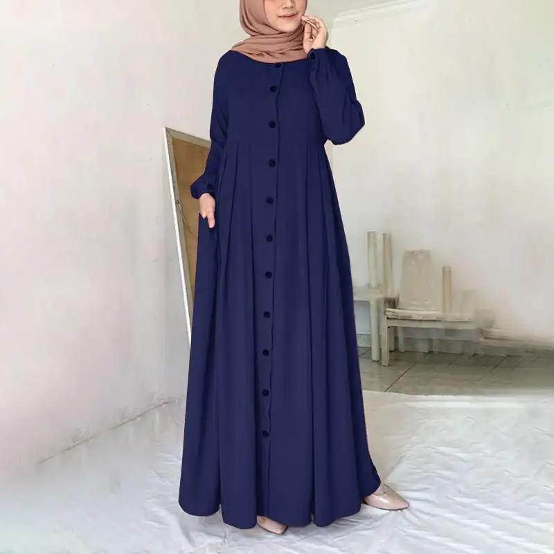 Latest Hot Sale Simple Plain Color Abaya Open Button Design Maxi Long Sleeve Ladies Women'S Muslim Dresses