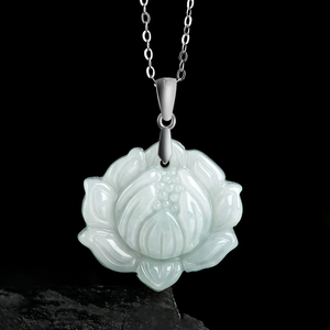 Pendentif lotus en jade naturel du Myanmar, serti d'argent S925, collier de bijoux en jade de qualité glacée pour femmes - Product Image 1