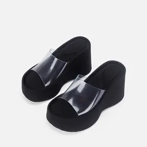 SHIKOL女士拖鞋黑色透明PVC女凉鞋2024夏季时尚女鞋厚底坡跟拖鞋