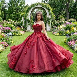 Vestido de Quinceañera Lsany221 Borgoña con Encaje, Apliques de Cristal y Flores 3D, Vestido de Gala con Cola Capilla, Hecho a Medida - Product Image 1