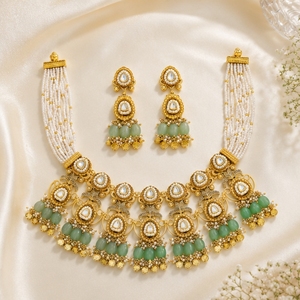 Traditional 925 <b>Silver</b> Necklace and Earrings Set with White Beads and Green Stones Bridal Wedding Party Jewelry for Women - Product Image 2