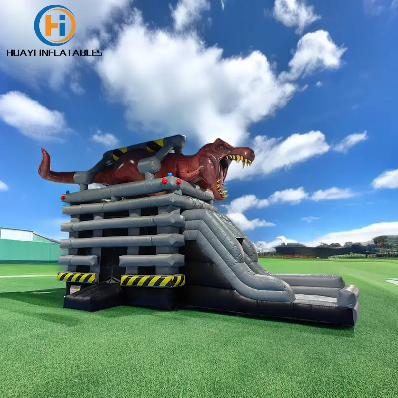Castelo inflável comercial unisex para uso ao ar livre, casa de salto inflável com corrediça longa e lona de PVC de dinossauro