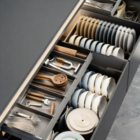 Meuble de cuisine de luxe moderne en acier inoxydable noir mat avec paniers extractibles intelligents, éclairage LED et évier pour villa