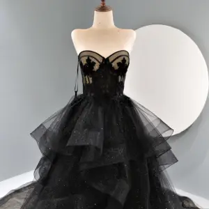 Modern Black Lace Wedding Dress With Tiered Skirt Ruffles Design Prom Evening Gown With Plus Size Features For Bride Or Party