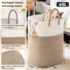 Moderno tessuto di cotone corda cesto biancheria sostenibile multifunzione stoccaggio per giocattoli per bambini coperte marrone 60L - Product Image 2